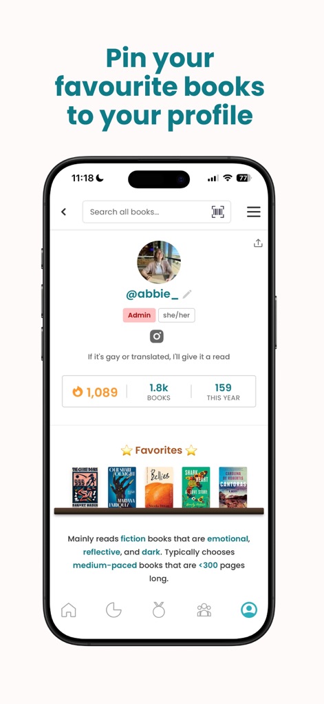 StoryGraph: Reading Tracker - Cada perfil de usuario es personalizable, permitiendo destacar los libros favoritos del usuario y mostrando un resumen conciso de sus preferencias de lectura.
