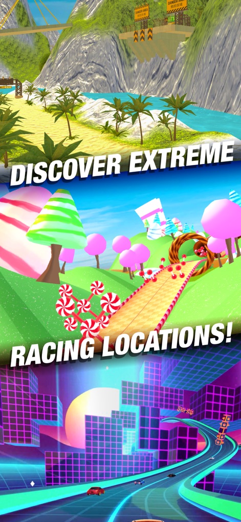 Race Master 3D: Car Racing - Discover the app's variety of racing locations, from lush tropical landscapes to vibrant neon cityscapes.