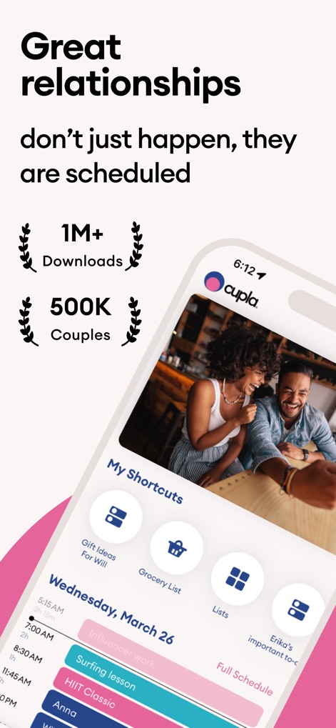 Cupla: Shared Couples Calendar - Discover how the app streamlines relationship management, showcasing its intuitive 'My Shortcuts' for quick access and a detailed calendar view highlighting daily event schedules.