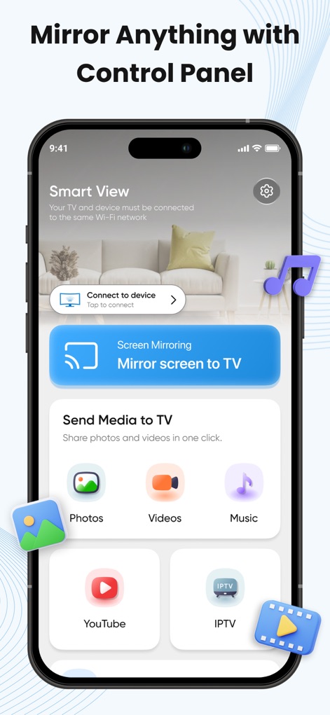 Smart View : Screen Cast - Dieses Tool bietet eine klare und intuitive Steuerungsoberfläche, über die Nutzer mühelos zwischen der Bildschirmspiegelung und dem direkten Senden von Medien wie Fotos und Videos zum TV wechseln können.