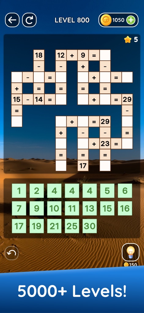 Zen Math Crossword - The app offers a vast array of challenges, exemplified by the intricate Level 800 math crossword grid and an expanded set of numeric tiles for complex solutions.