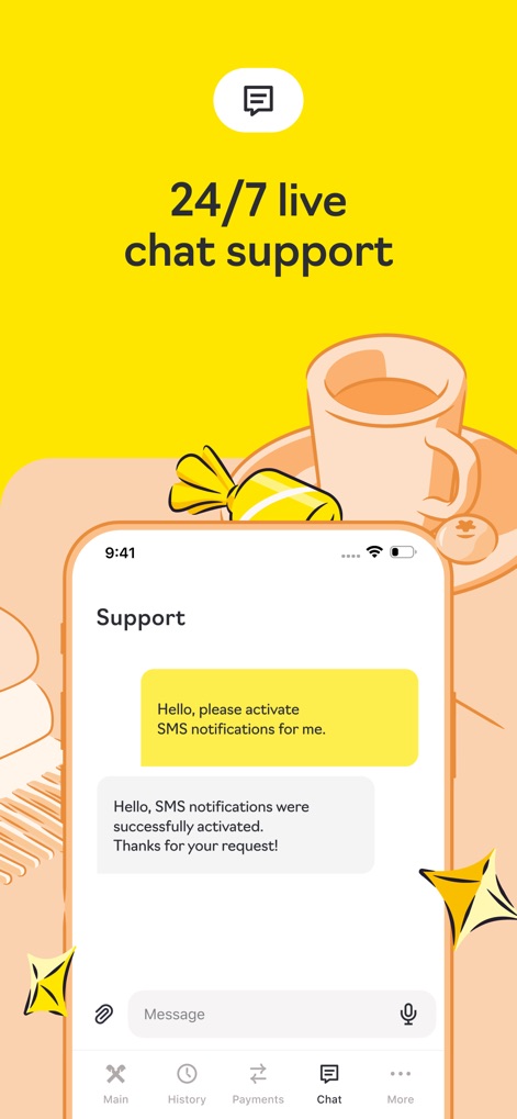 Райффайзен Онлайн Банк Россия - Die App bietet einen durchgängigen Live-Chat-Support, wie hier durch die direkte Chat-Kommunikation gezeigt wird, und ermöglicht schnelle, hilfreiche Rückmeldungen auf Anfragen der Nutzer.