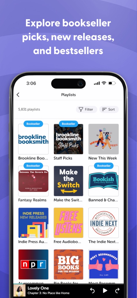 Libro.fm Audiobooks - プレイリスト一覧画面では、「Bookseller」タグの付いた書店推薦のコレクションや「New This Week」といった新着作品が並びます。ユーザーは「Filter」や「Sort」機能で表示内容を調整できます。