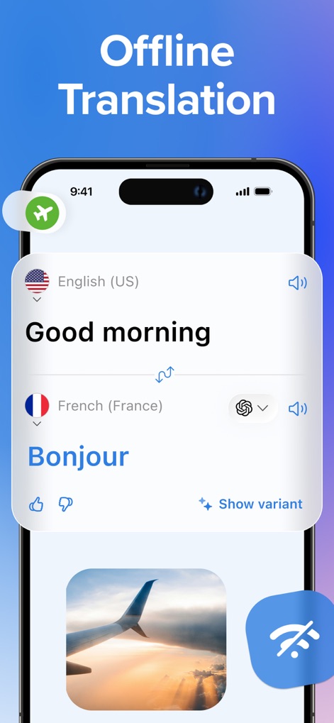 Talk & Translate AI Translator - The app provides seamless offline translation capabilities, evidenced by the airplane mode and Wi-Fi disabled symbols for uninterrupted use abroad.