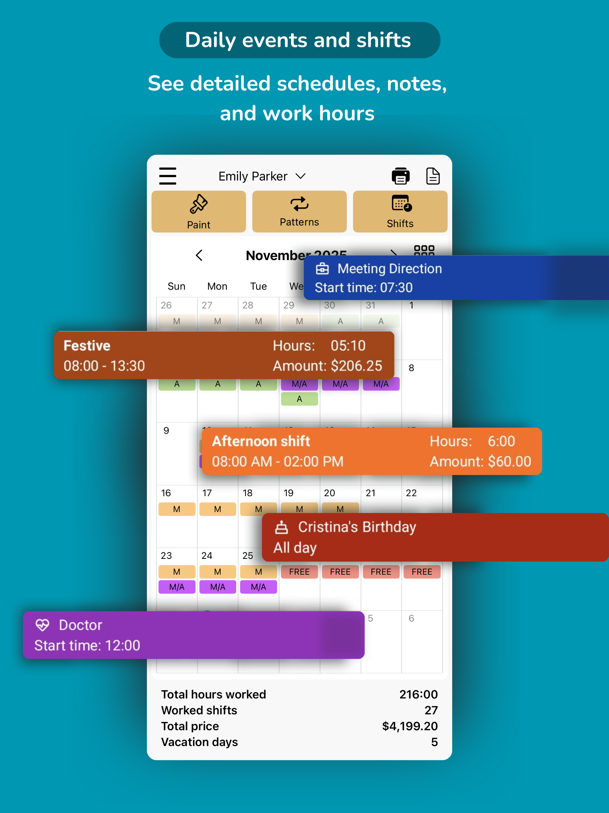 Work Shift Calendar & Paycheck