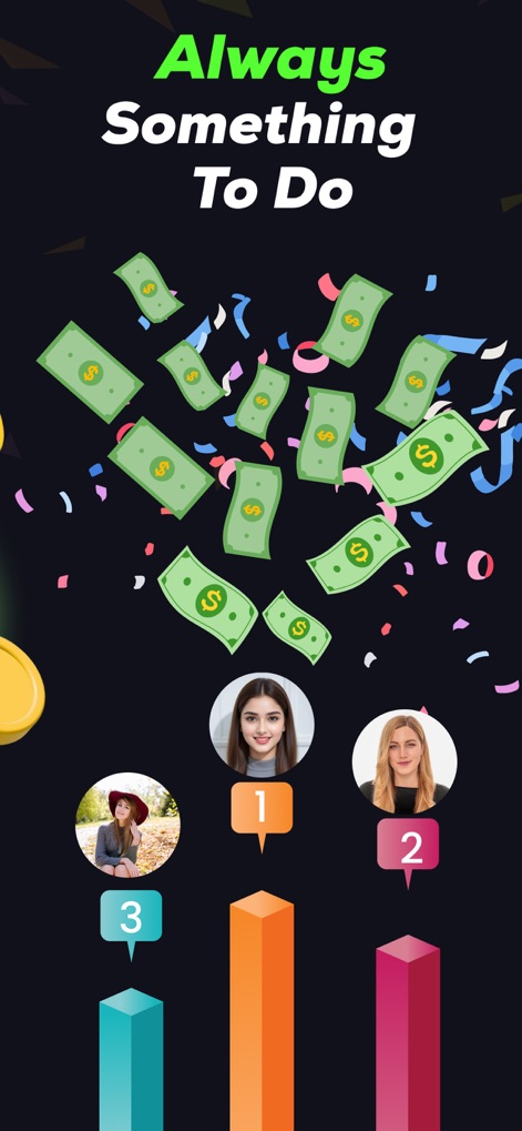 EarnFIow Ultra - This engaging screen highlights ongoing user activity, with flying money and confetti celebrating progress, alongside numbered profiles and bar charts indicating personal or shared financial milestones.