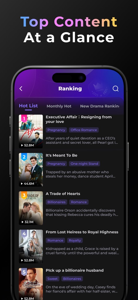Kalos TV-Short Dramas & Reels - Review the app's dynamic 'Ranking' page, featuring a 'Hot List' of popular dramas and detailed entries with view counts like '52.8M' and genre tags such as 'Pregnancy' and 'Office Romance'.