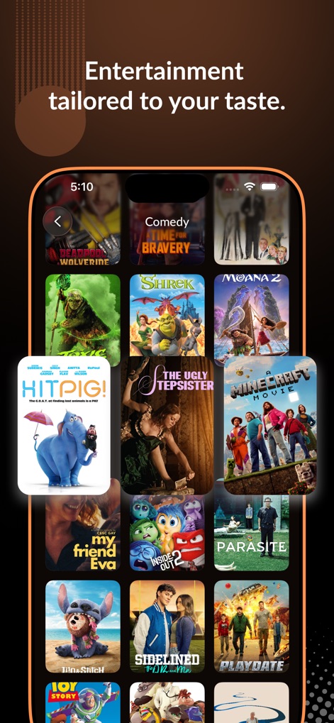 MovieBox - Movies & Shows - The app provides an extensive grid of movie posters for visual browsing, complemented by filter options at the top to refine content selection by genre like "Comedy."