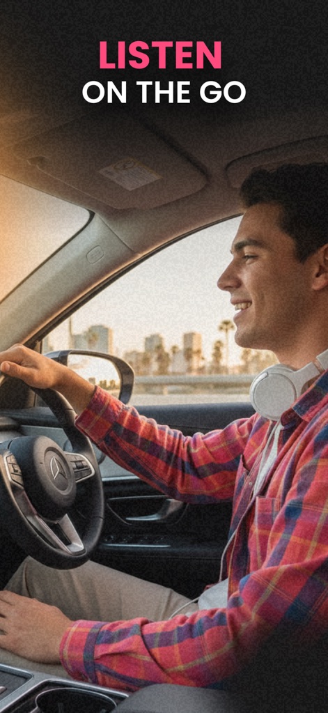 Pocket FM: Audio Series - This visual emphasizes the app's "Listen on the Go" flexibility, empowering users to enjoy immersive audio series even while driving, turning passive moments into engaging storytime.