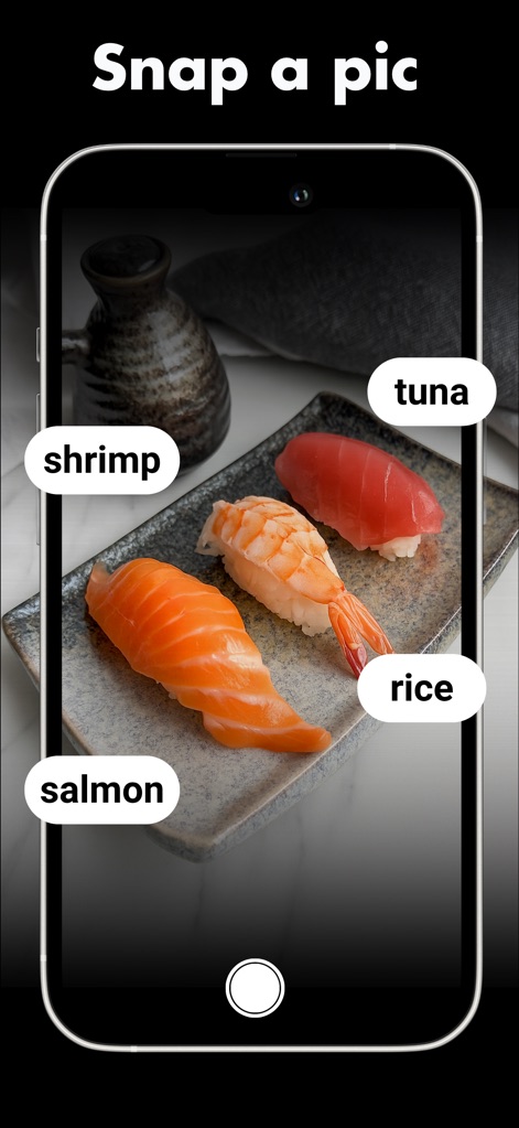 Meshitora: Track My Calories - Gli utenti possono facilmente catturare un pasto con la funzione 'Snap a pic', e l'app identifica automaticamente gli ingredienti come 'salmone' e 'gamberi' sulla foto.