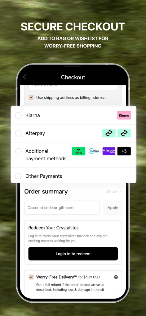 MICAS - Shop Women's Fashion - 本アプリの決済画面では、KlarnaやAfterpayを含む複数の柔軟な支払い方法が利用可能で、ユーザーは安心安全な配送オプションを選択して安心してショッピングを完了できます。