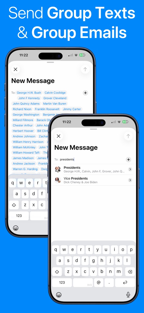 Contacts Sync: Google & More - Las capturas muestran la funcionalidad de la aplicación para enviar 'New Message' a grupos, ilustrando cómo los usuarios pueden seleccionar una lista de contactos como 'Presidents' para un envío masivo.