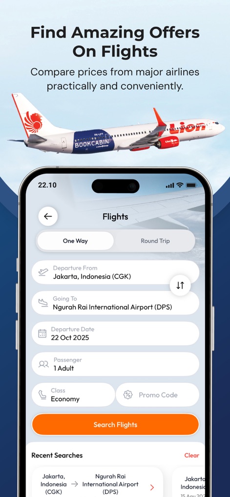 BookCabin - The app offers a streamlined flight search interface, clearly presenting 'Departure From' and 'Going To' fields, and intuitive 'One Way' or 'Round Trip' toggles for flexible planning.