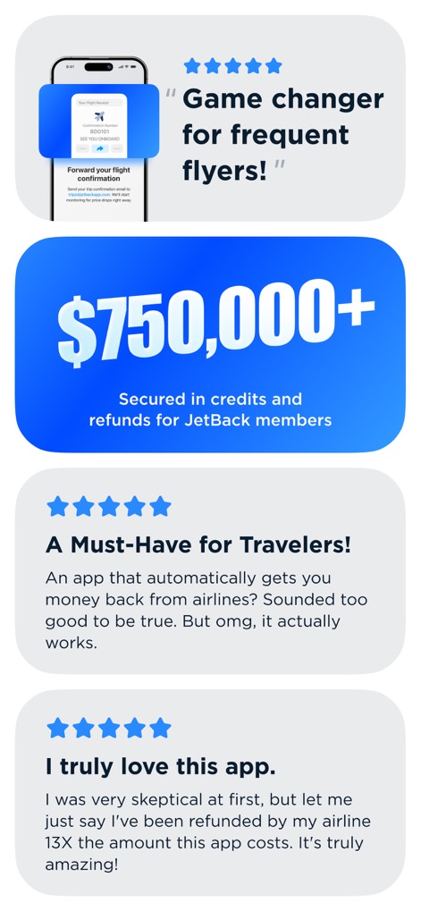 JetBack – Flight Price Savings - フライト確認メールの転送手順を示すインターフェースと、ユーザーの感謝を示す「頻繁に飛行機を利用する人にとって画期的」という星5つのレビューが、本アプリの使いやすさと価値を伝えます。