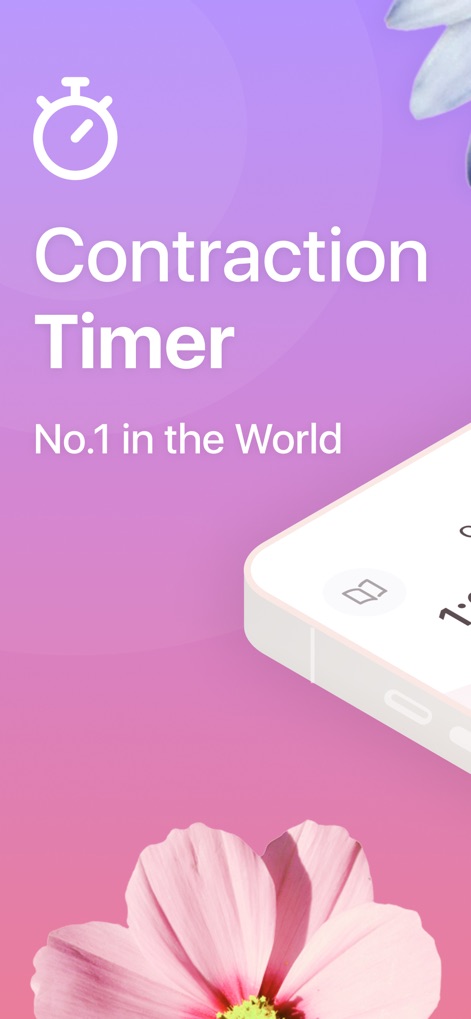 Contraction Timer & Counter 9m - 이 앱은 깔끔한 디자인으로 'Contraction Timer'라는 앱의 이름을 강조하며, 화면 중앙에 'No.1 in the World'라는 문구로 앱의 글로벌 위상을 명확히 전달합니다.