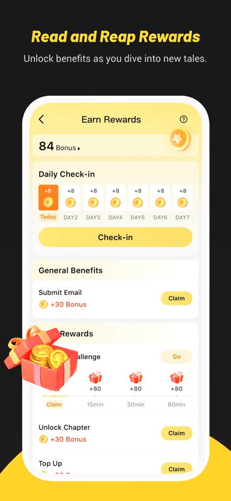 TapRead - Read Good Story - The app incentivizes user engagement through a 'Daily Check-in' bonus system and various 'Rewards' for actions like unlocking chapters, enhancing the reading experience.