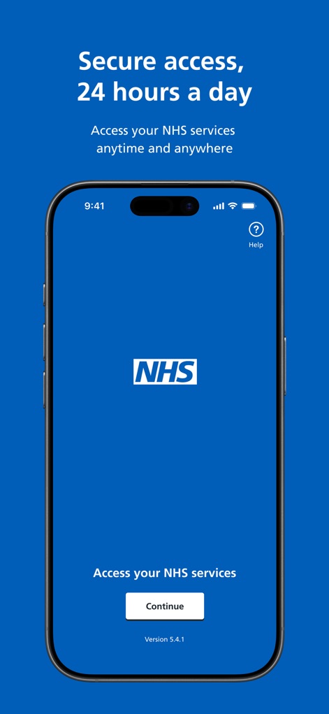 NHS App - The app provides a secure entry point, ensuring users can confidently initiate access to their NHS services through a clear "Continue" button.