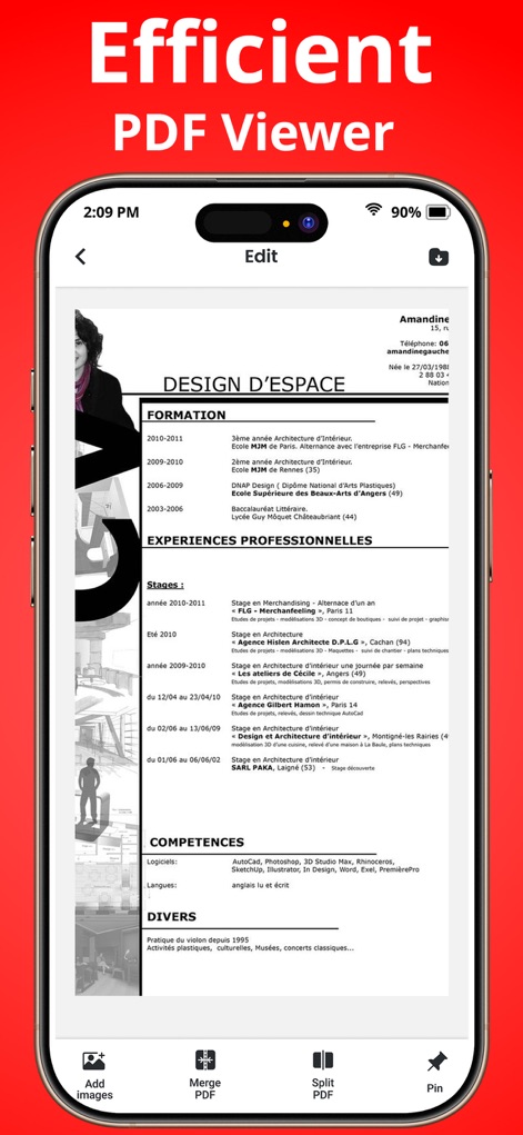 PDF Reader - Scanner app - Diese Ansicht präsentiert ein professionelles PDF-Dokument, wie einen Lebenslauf (X), und zeigt gleichzeitig intuitive Bearbeitungsoptionen wie 'Zusammenführen' und 'Teilen' (Y) am unteren Bildschirmrand.