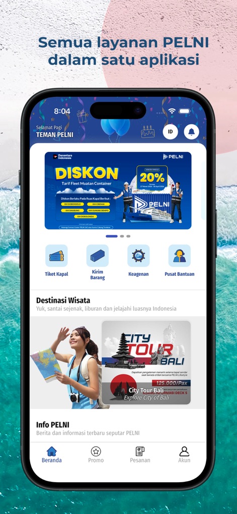 PELNI - The app centralizes operations, offering quick access buttons for services like 'Tiket Kapal' (Ship Tickets) and 'Kirim Barang' (Send Goods) directly from its intuitive homepage.