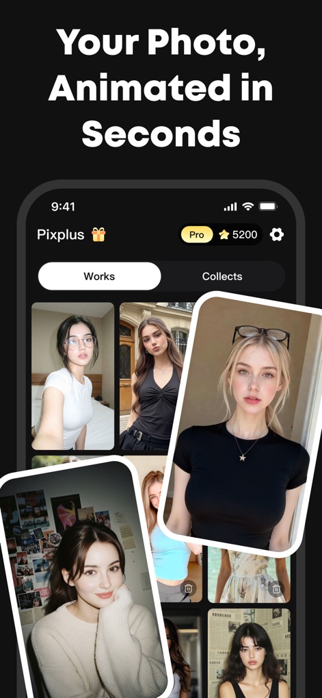 PixPlus-AI Photo & Video Maker - Observe how users can instantly animate photos, viewing their creations within an organized grid of animated photo works and navigating between 'Works' and 'Collects' tabs.