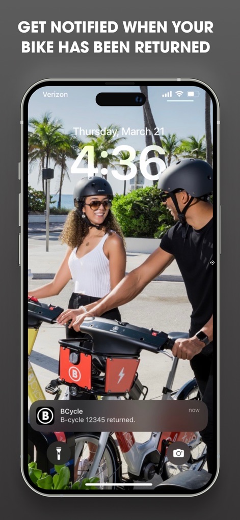 BCycle - Users receive immediate confirmation on their lock screen, showing the "BCycle B-cycle 12345 returned" message, ensuring peace of mind after completing a ride.