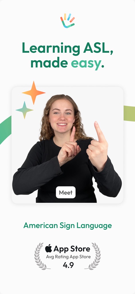 ASL Bloom - Sign Language - See how ASL Bloom simplifies sign language acquisition, showcasing a clear demonstration of a sign and a high user rating from the App Store.