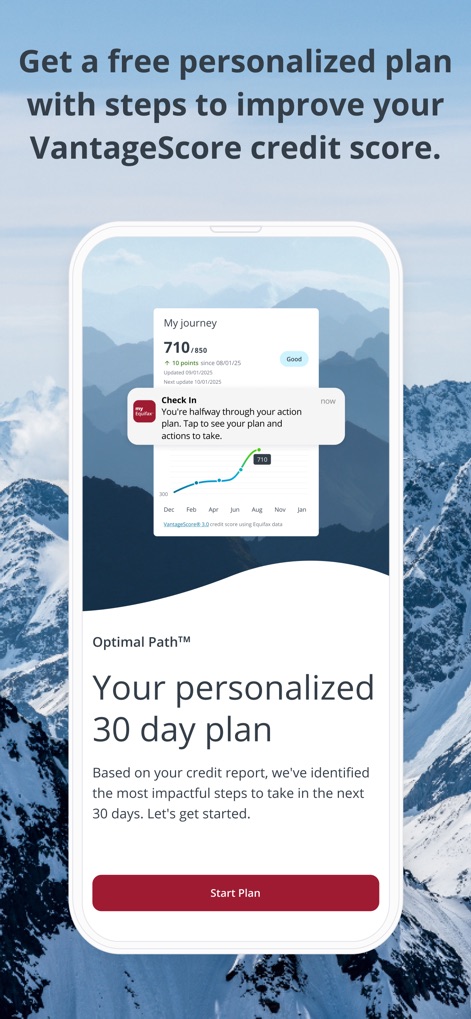 myEquifax - The app presents a tailored "Optimal Path™" action plan designed to enhance credit over time, alongside a visual graph of score progress.