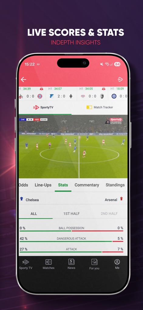 SportyTV: Live Sports Stream - Access detailed "Live Match Statistics" including ball possession and dangerous attack percentages, alongside comprehensive "In-Depth Game Analytics" covering odds, line-ups, and standings.