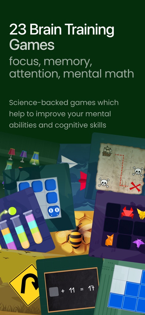 IQ Test - Brain Training Games - Una vista general de los "23 juegos de entrenamiento cerebral" de la aplicación, mostrando una "variedad de interfaces" para mejorar habilidades como el enfoque y la memoria.