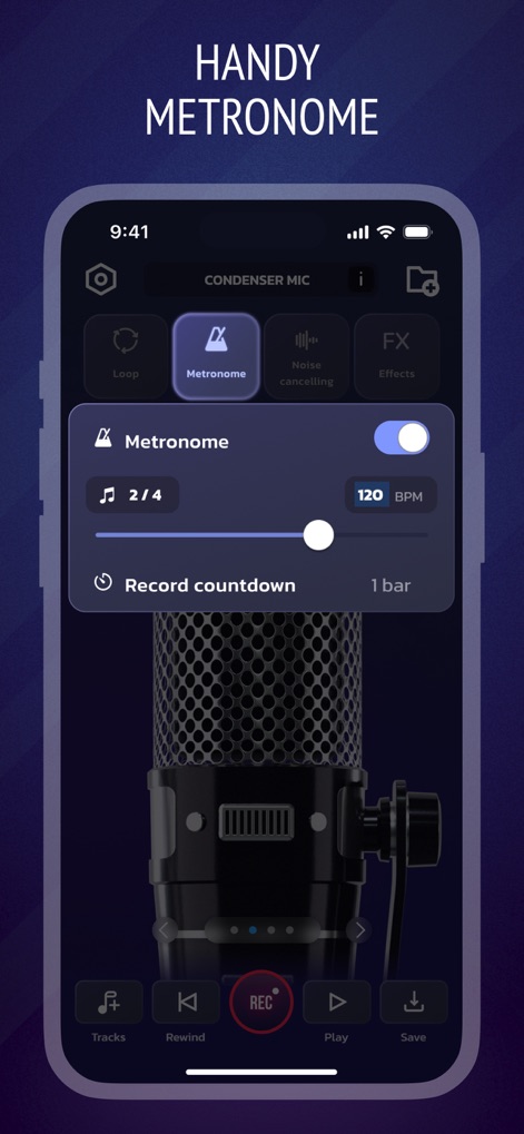 Pro Microphone: Voice Record - La función de "Metronome" integrada asegura una sincronización perfecta, permitiendo ajustar el "BPM" y ofreciendo una útil "Record countdown" para iniciar las grabaciones con el tempo deseado.
