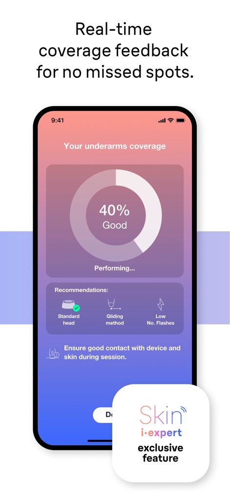 Braun IPL app - This feature provides real-time coverage feedback with a clear percentage display and offers practical recommendations like the gliding method to ensure thorough treatment.