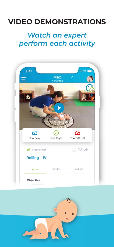 BabySparks - Development App - Witness the app's detailed video tutorials demonstrating activities and the feedback options for activity difficulty.