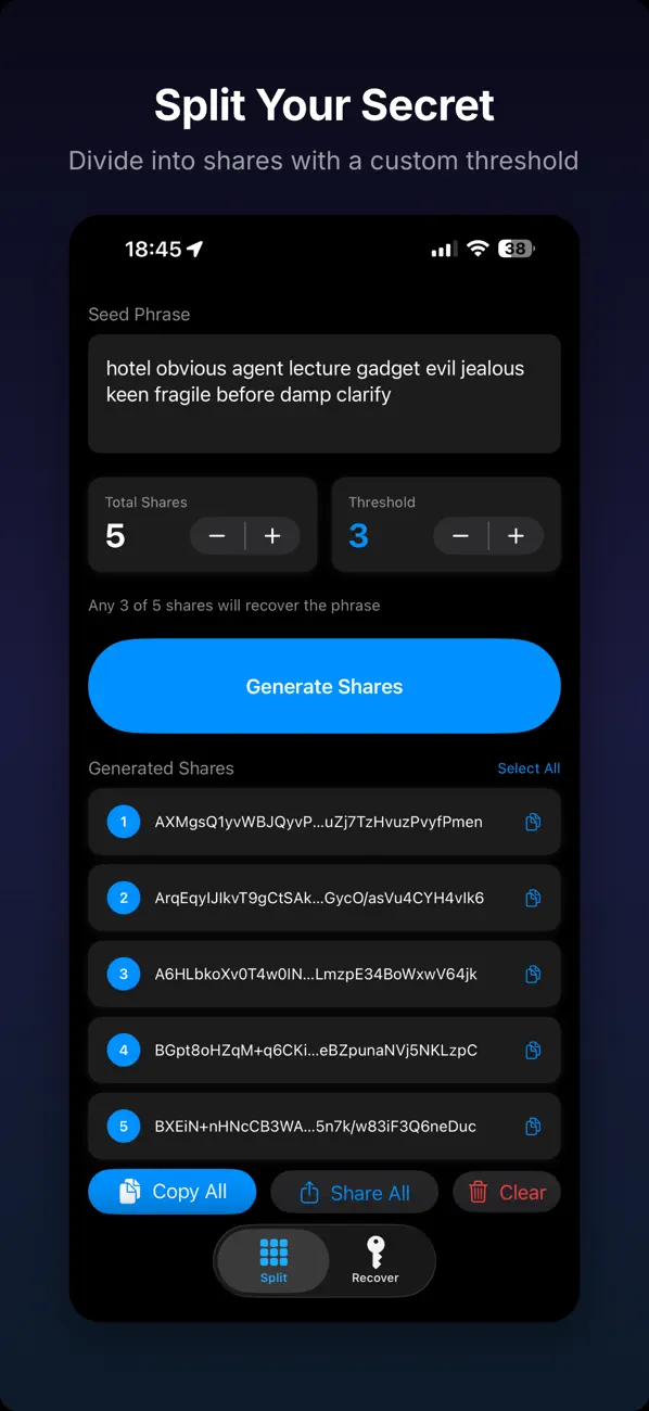 Screenshot #1 pour Shamir Backup