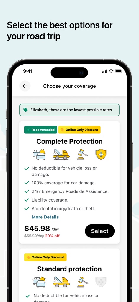 Hertz Rental Car, SUV, Van - Users can select from various coverage options, clearly presented with their benefits and an "Online Only Discount" indicator.