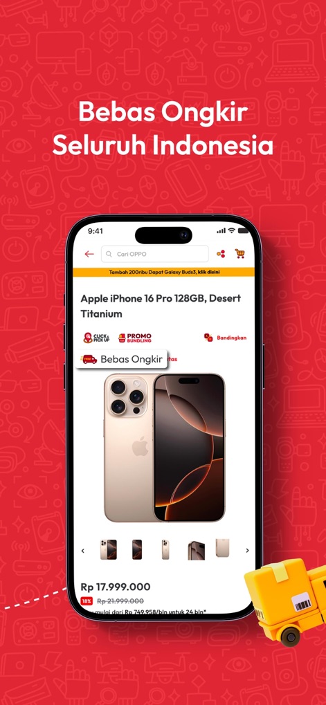 erafone - 商品詳細ページでは、「Bebas Ongkir Seluruh Indonesia」という目立つバナーで全国送料無料の特典が確認でき、ユーザーはiPhone 16 Proの複数の製品画像をスワイプして詳細を見ることができます。