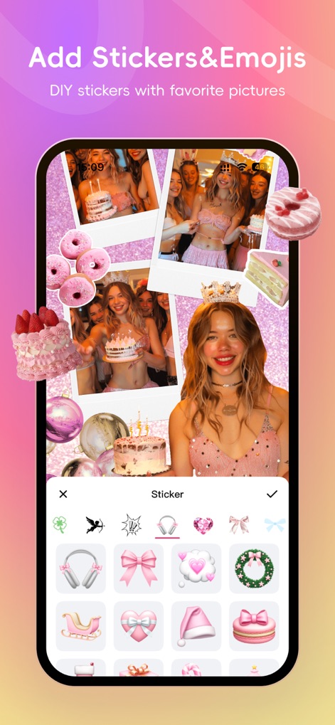 Licowa -Photobooth & Wallpaper - Enhance designs with the app's creative sticker library, including vibrant graphical elements and options for sparkling glitter backgrounds.