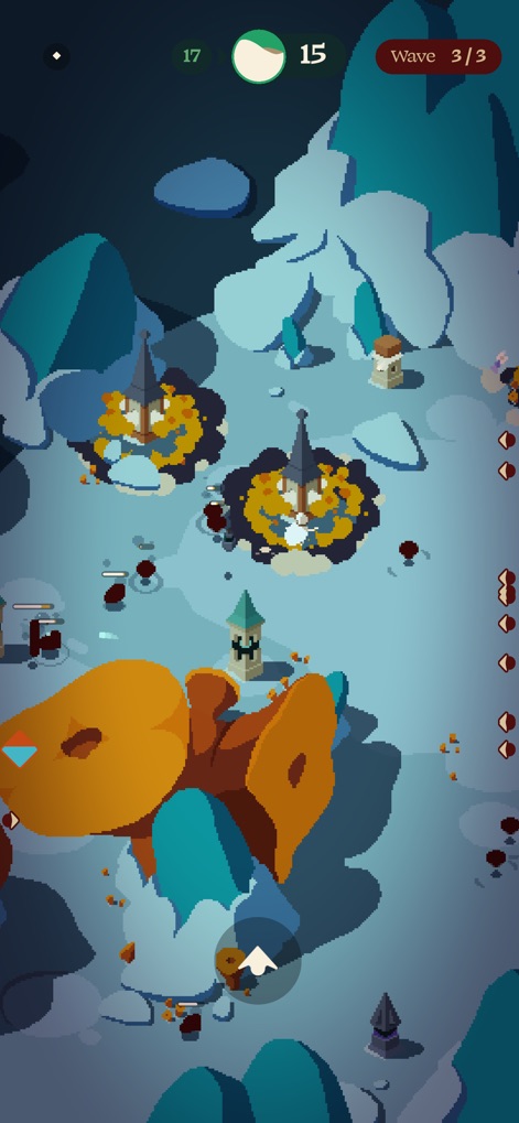 Rift Riff - Navigate the challenging icy terrain, observing strategically placed towers and the clear visual indicators of defeated enemies.