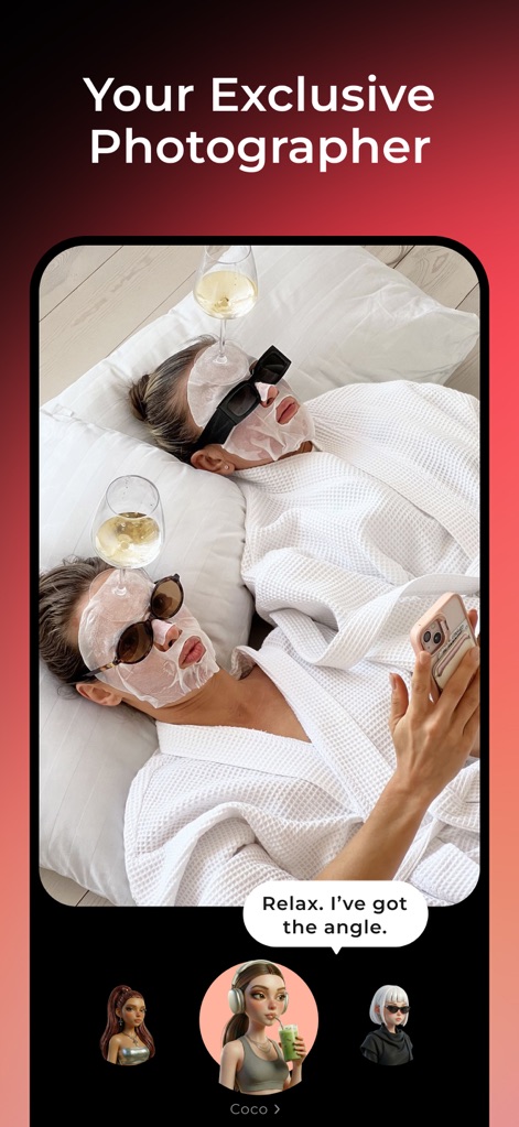 WayShot: AI Cam & Photo Editor - Discover the personalized touch of AI photographers like 'Coco', who offer specific guidance and reassurance through a friendly speech bubble to capture ideal angles effortlessly.