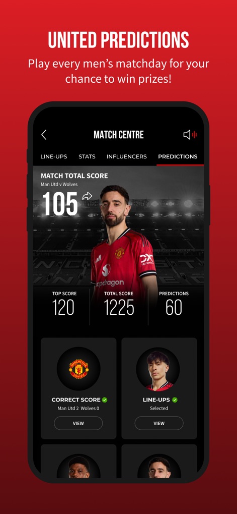 Manchester United Official App - Users can participate in "United Predictions" by forecasting the "Match Total Score" and selecting correct score outcomes.