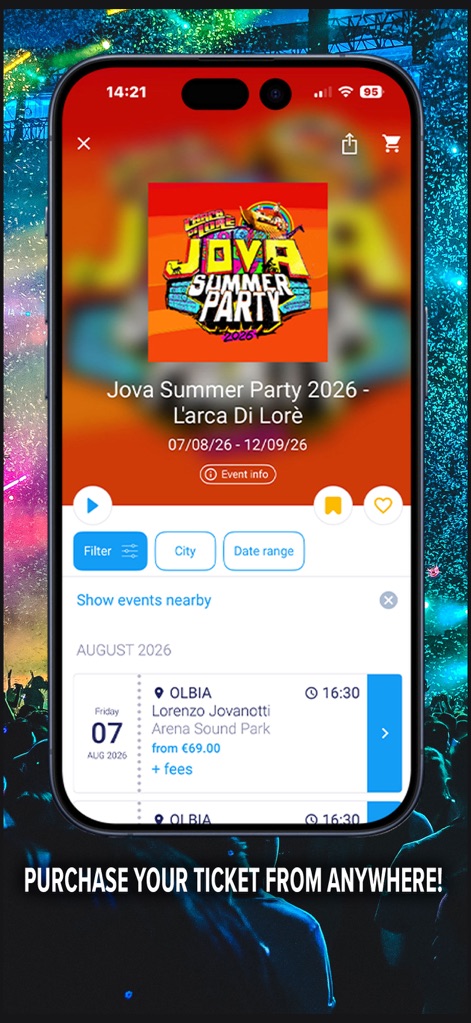 TicketOne: Tickets for Events - L'application affiche des informations détaillées sur l'événement, incluant dates et lieux, complétées par des options de filtrage par ville et par plage de dates.