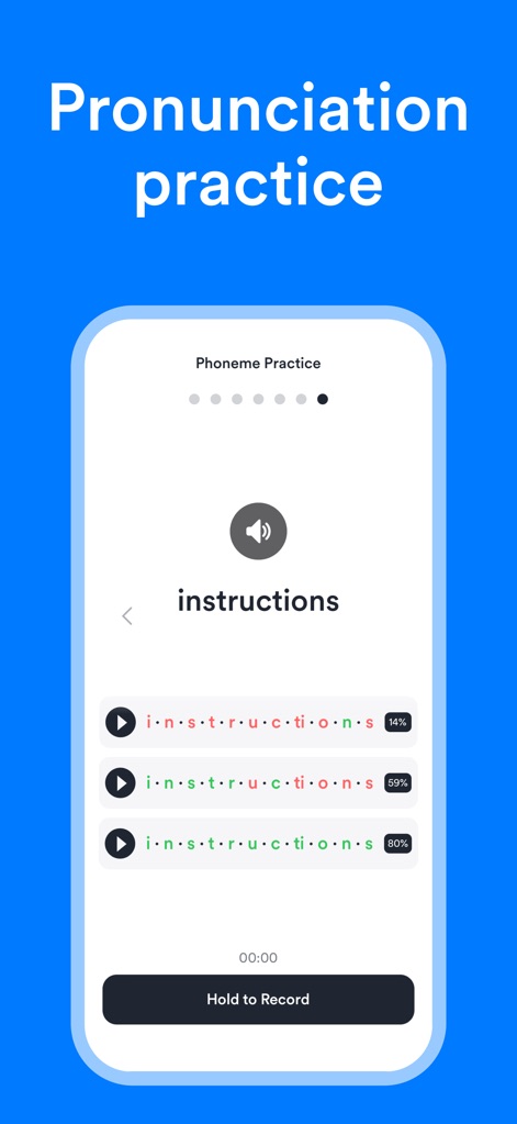 EF Hello: Learn English - 発音練習画面では、音素単位での詳細な分析と、視覚的な進行度バーで学習効果を確認できます。