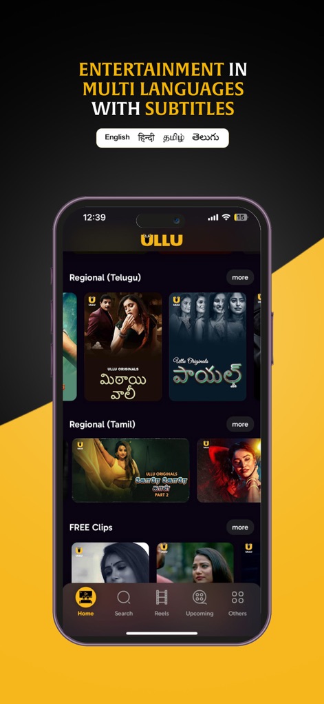 ULLU - This view demonstrates the app's commitment to diverse regional content, featuring dedicated sections for "Regional (Telugu)" and "Regional (Tamil)" along with multi-language subtitle options.