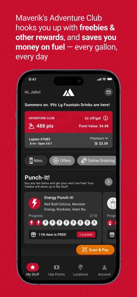 Maverik Rewards App Store screenshot 1, headline “Maverik's Adventure Club hooks you up with freebies & other rewards, and saves you money on fuel, every gallon, every day”. Dark.