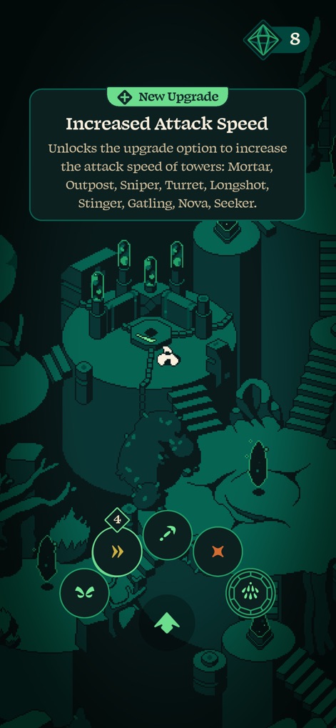 Rift Riff - Discover the upgrade interface, highlighting a 'New Upgrade: Increased Attack Speed' and the distinct visual icons for various tower enhancements.