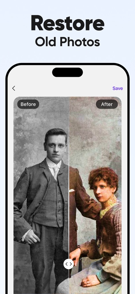 Unblur - AI Photo Enhancer - A ferramenta restaura fotografias antigas, colorizando a imagem da direita e preenchendo os detalhes do vestuário em comparação com a versão original monocromática e desbotada à esquerda.