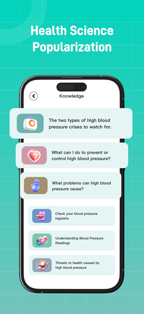 AlodBloodPressure:HealthRecord - Users can explore a robust "Knowledge" section offering insights into various topics, from "high blood pressure crises" to prevention strategies.