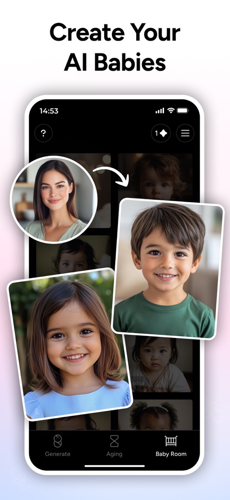 AI Baby Generator - TinyFaces - Explore the 'Baby Room' feature, allowing users to browse multiple generated AI baby faces and navigate easily between 'Generate' and 'Aging' modes.