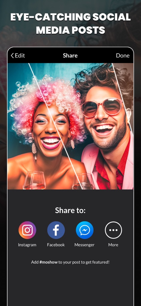 MoShow Slideshow Maker Video - The app simplifies sharing eye-catching content directly to social media, providing quick access to platforms like Instagram and Facebook.
