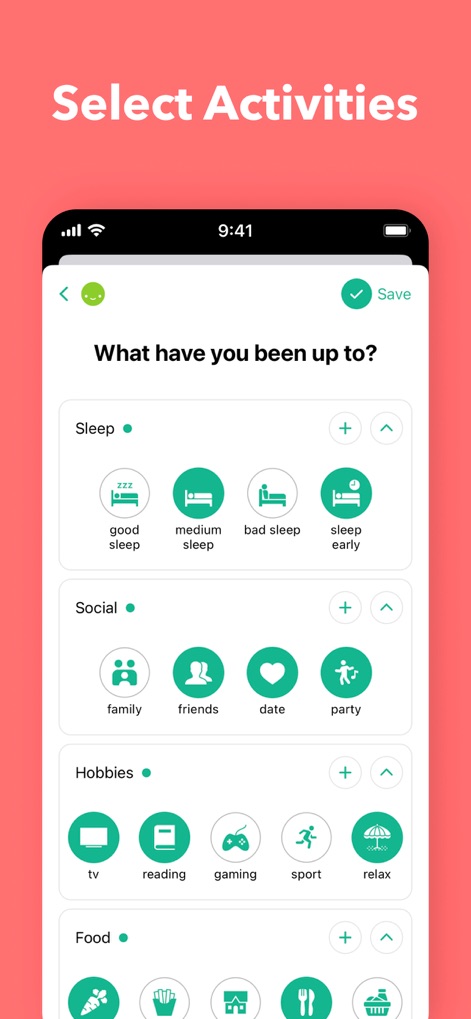 Daylio Journal - Mood Tracker - Users can easily categorize and select daily activities, from 'Sleep' patterns to 'Social' engagements, using a comprehensive icon-based interface.
