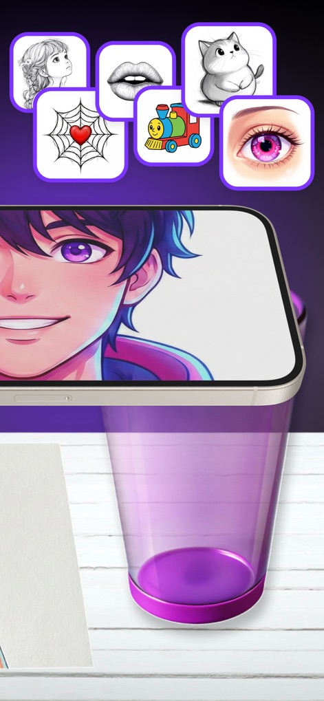 ARtie Lab: AR Drawing & Sketch - Observe the practical setup, with the phone positioned using a simple stand, and the array of multiple image options available for selection.